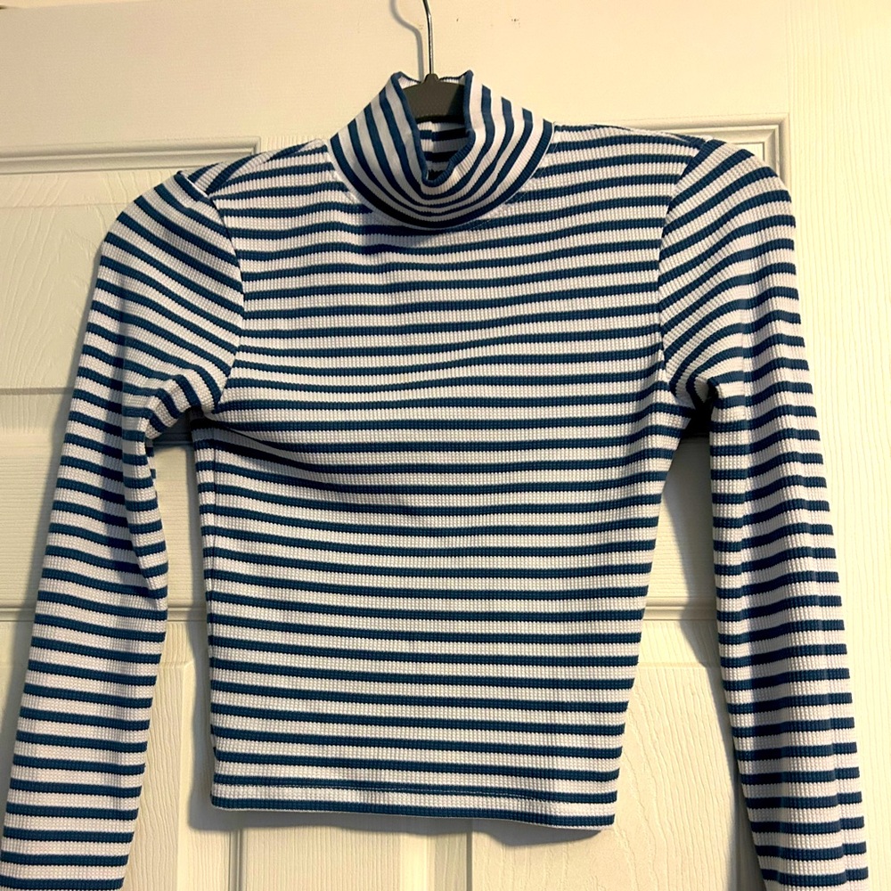 Blue striped mock turtleneck